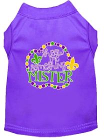 Throw me Something Screen Print Mardi Gras Dog Shirt Purple Med